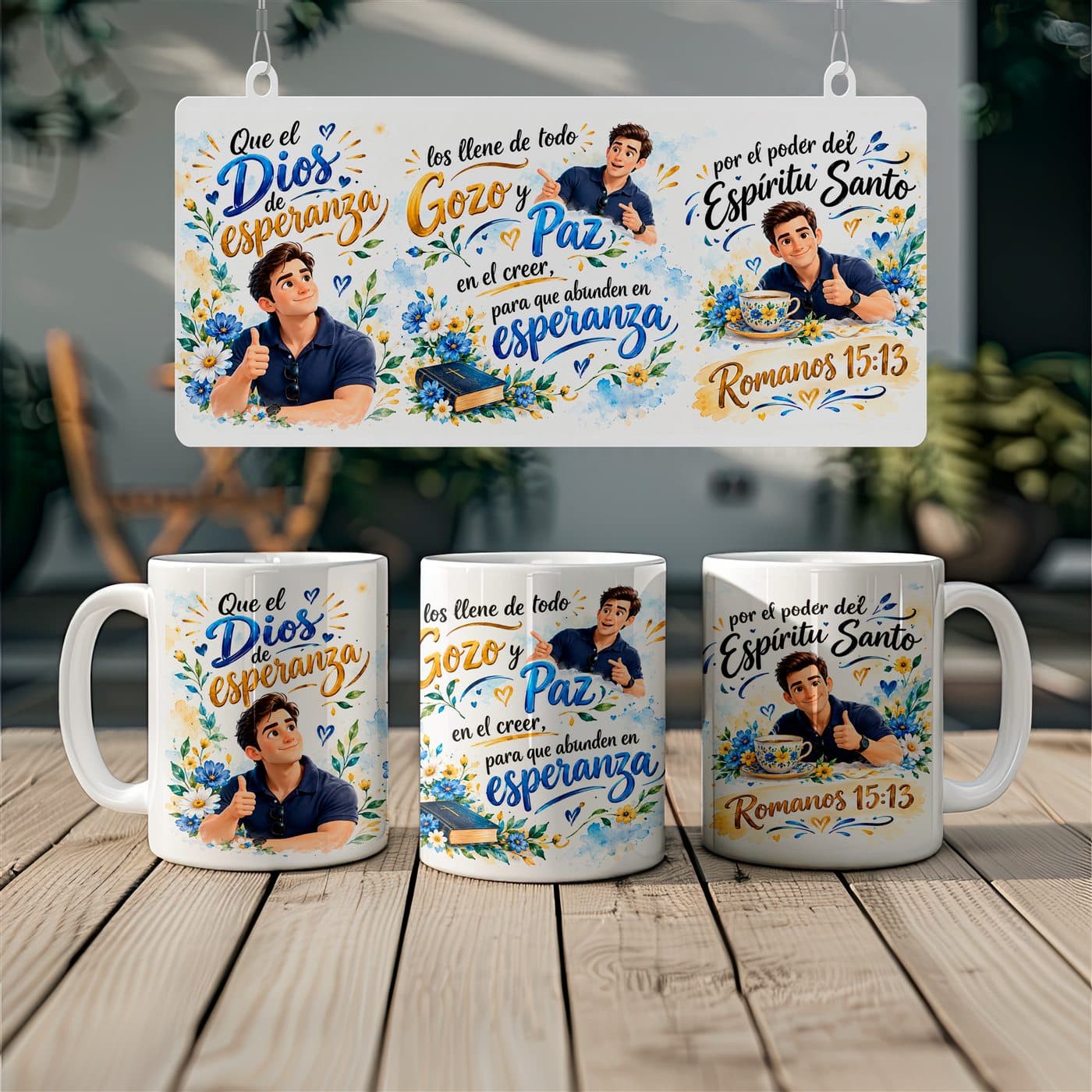 Taza física con una historia de fe distribuida alrededor de su superficie